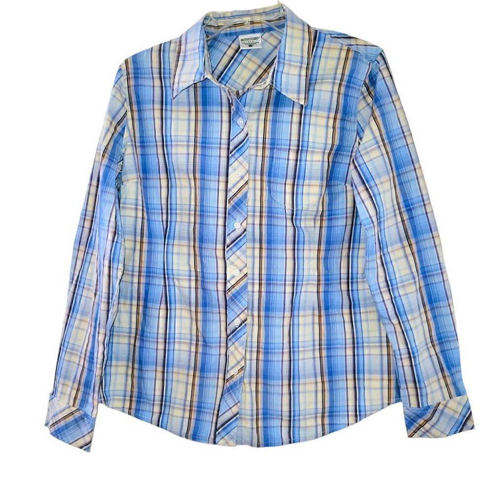 Motherhood Maternity blue cream plaid long sleeve button shirt - Picture 1 of 4